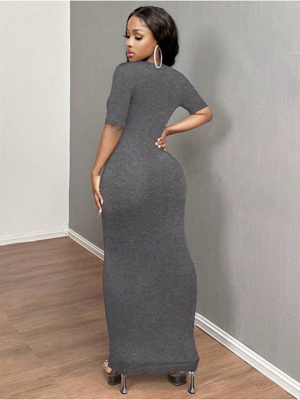 SHEIN Charcoal Grey Short-Sleeve Bodycon Maxi Dress